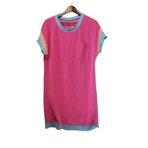 Womens L‎ Pink Ribbed Knit Dress Pocket Blue Stripe Trim
